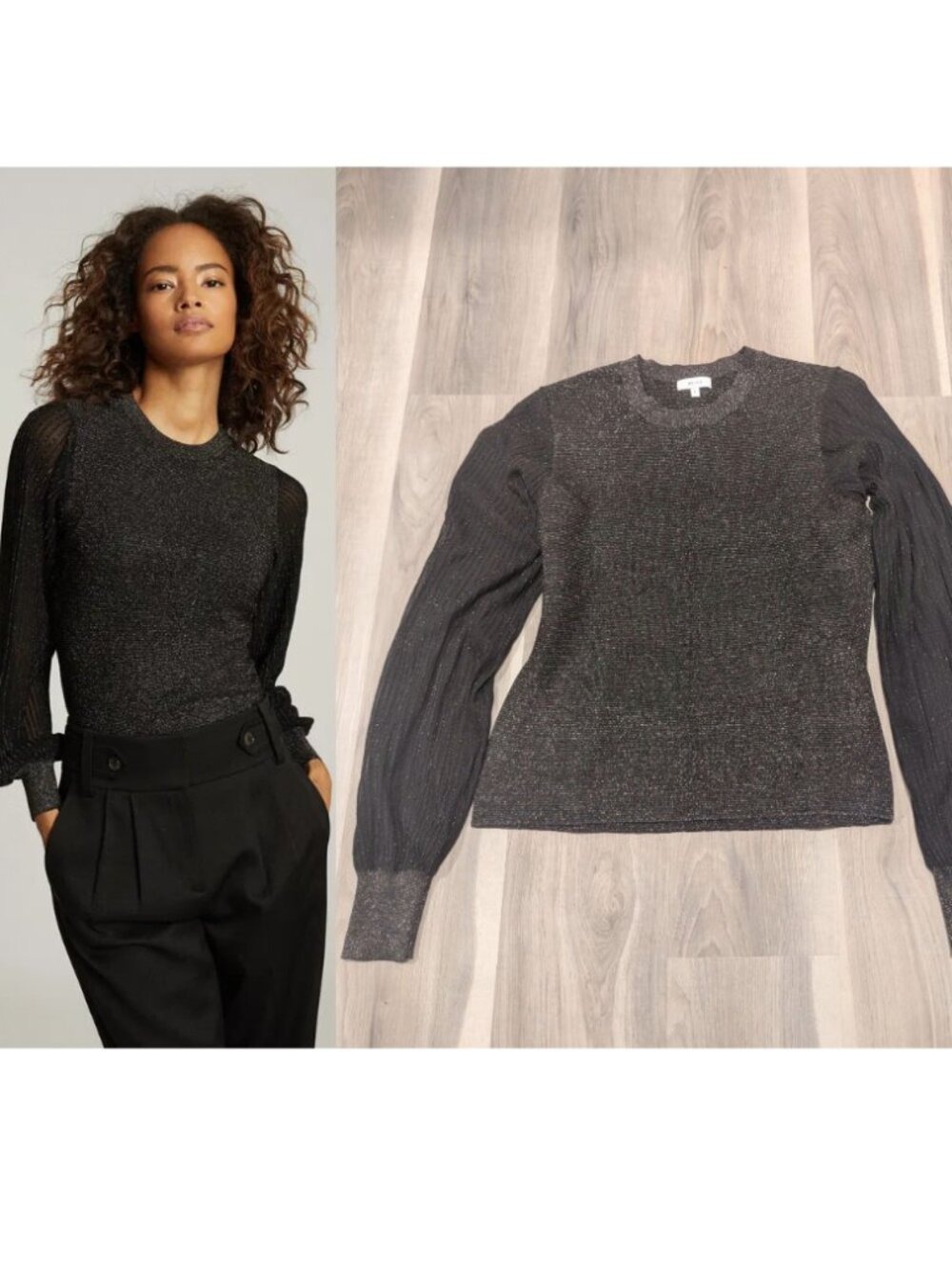REISS | Stella Metallic Semi Sheer Sleeve Top In Black